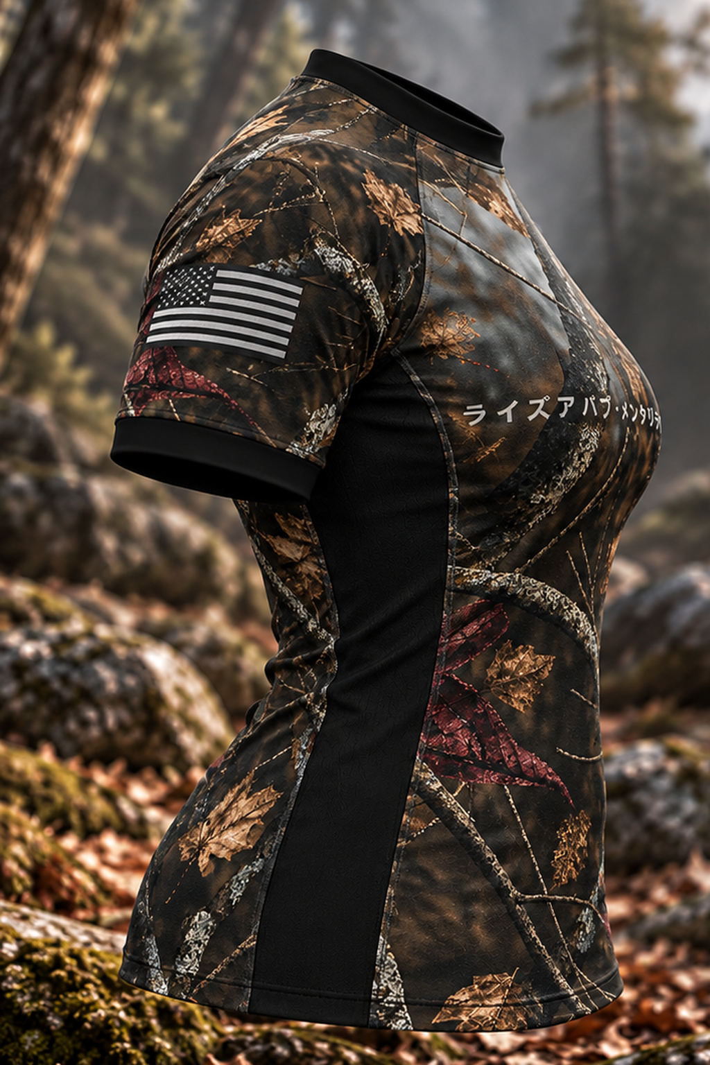 Angled side view of the women's Woods rashguard showing the USA sleeve flag, Japanese chest lettering and black side panel