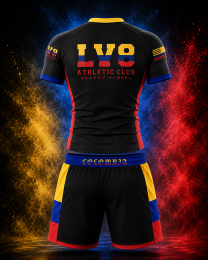 Back view of the LV8 Colombia adult men's No-Gi rashguard and shorts