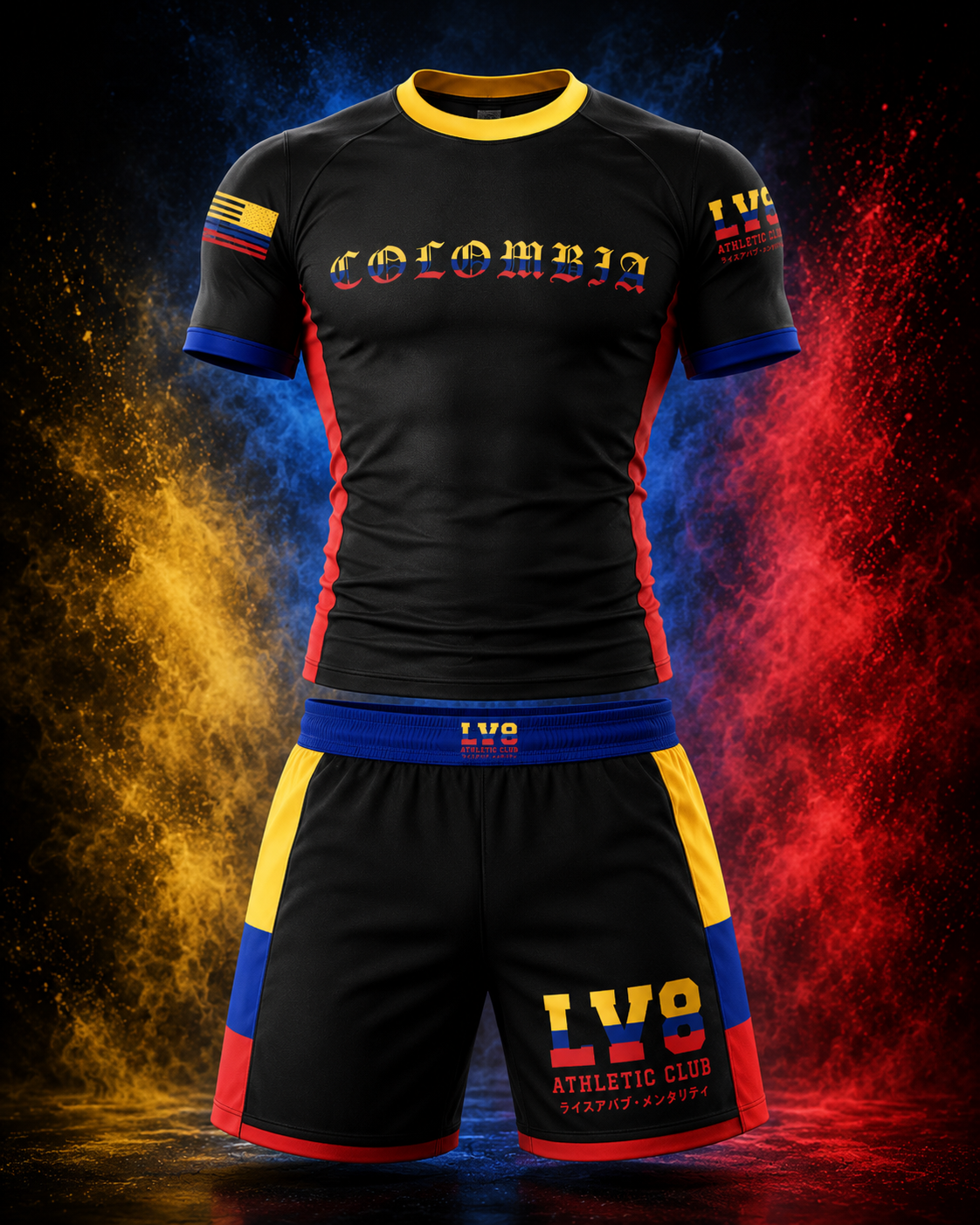 Front view of the LV8 Colombia adult men's No-Gi rashguard and shorts
