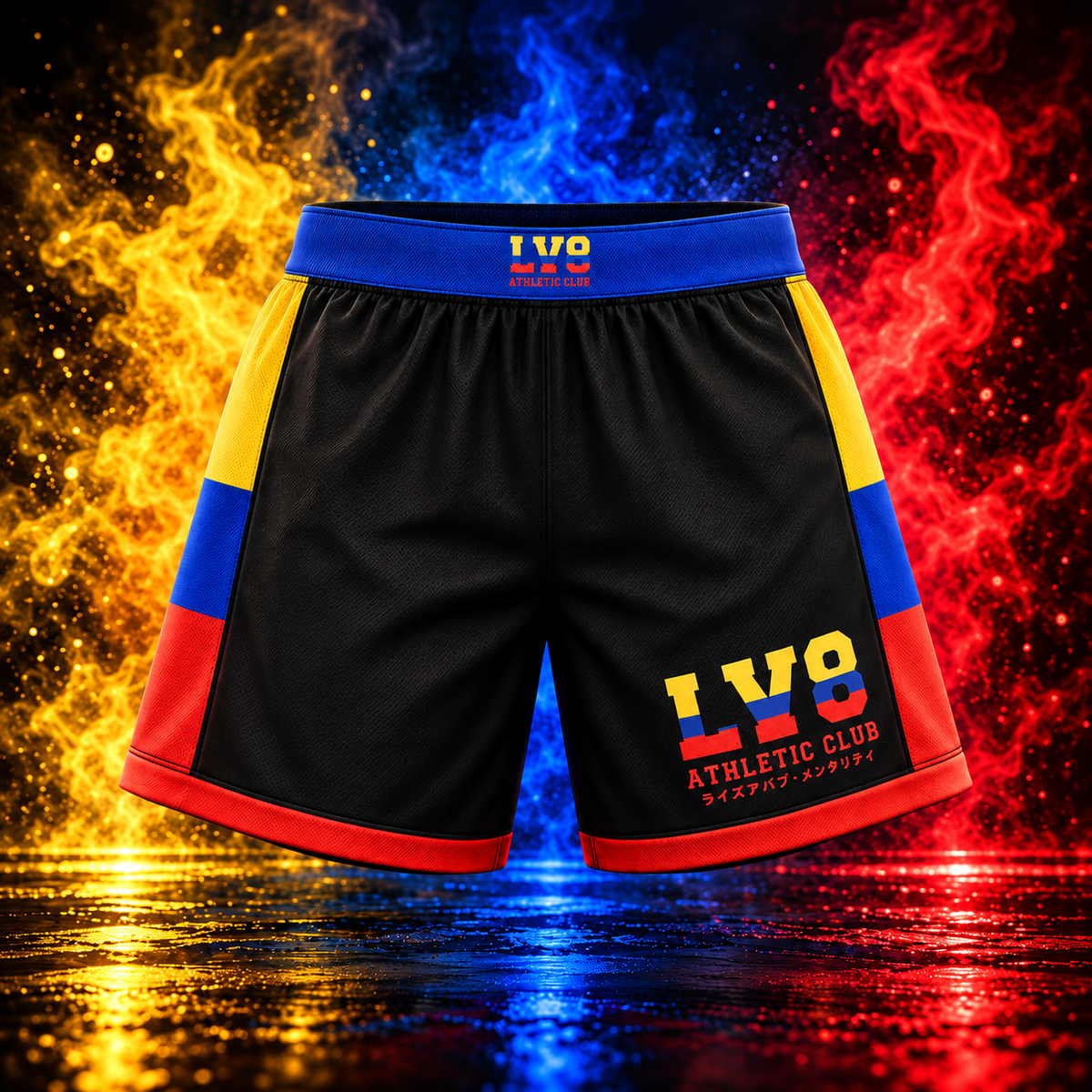 Front view of men's LV8 Colombia shorts with blue waistband, yellow blue and red side panels, red hems, and LV8 Athletic Club branding.