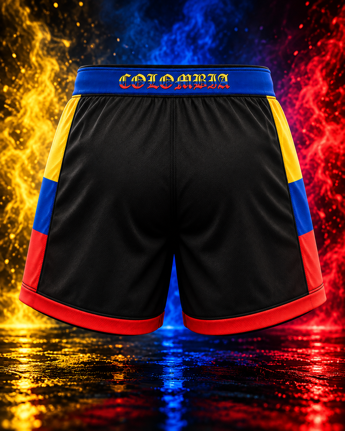 Back view of the LV8 Colombia shorts with COLOMBIA on the blue waistband