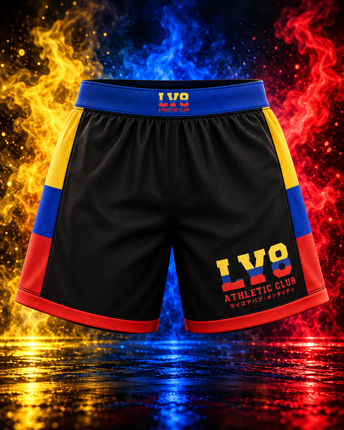 Front view of the LV8 Colombia shorts with blue waistband and yellow, blue and red side panels