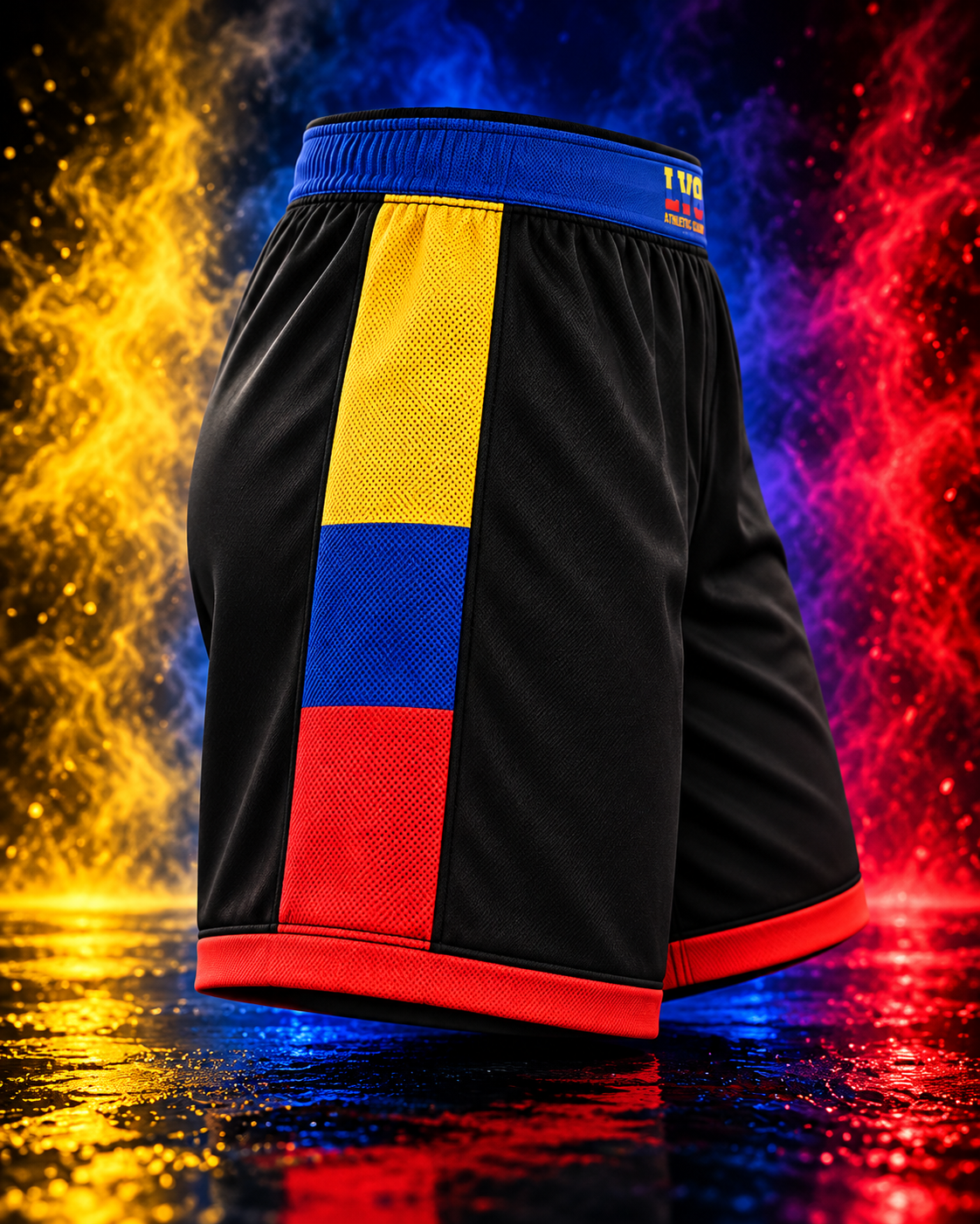 Side view of the LV8 Colombia shorts showing yellow, blue and red panels