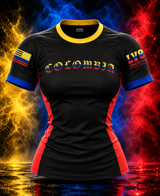 Front view of the LV8 Colombia women's rashguard