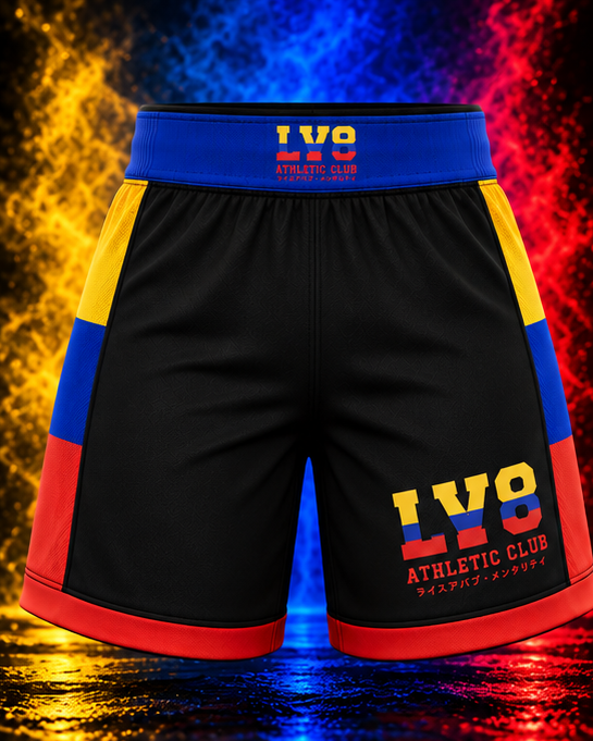 Front view of the LV8 Colombia women's shorts with blue waistband, LV8 leg branding and yellow, blue and red side panels