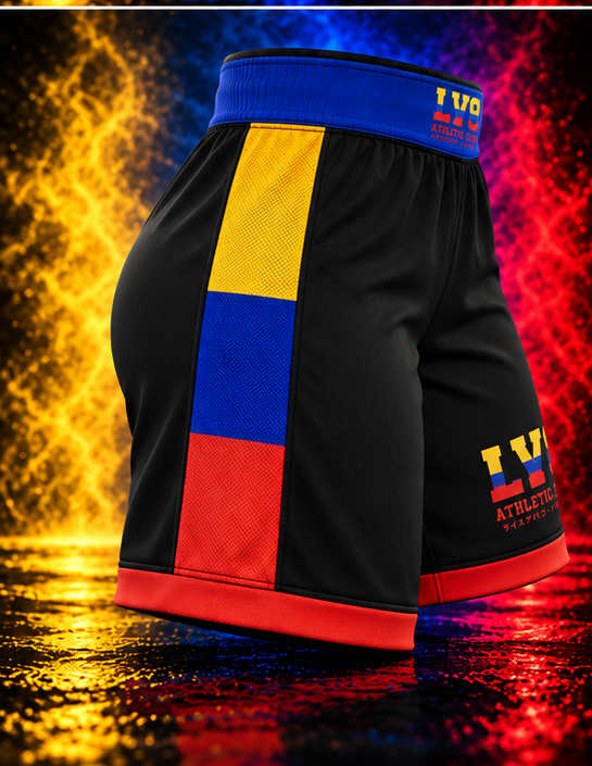 Left side view of the LV8 Colombia women's shorts with yellow, blue and red side panels