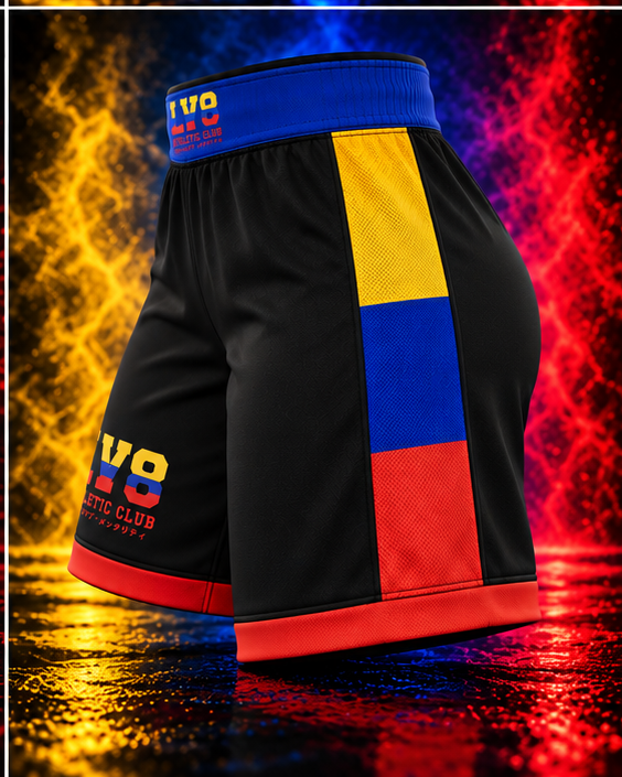 Right side view of the LV8 Colombia women's shorts showing LV8 Athletic Club branding and Colombia color side panels