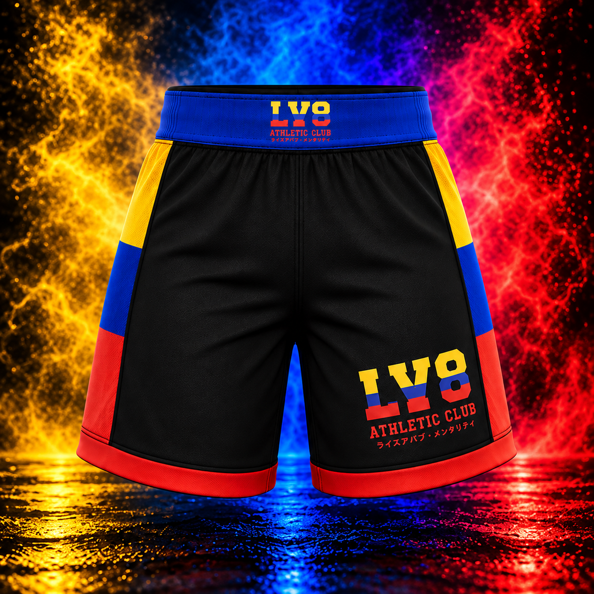 Front view of women's LV8 Colombia shorts with blue waistband, yellow blue and red side panels, red hems, and LV8 Athletic Club branding.
