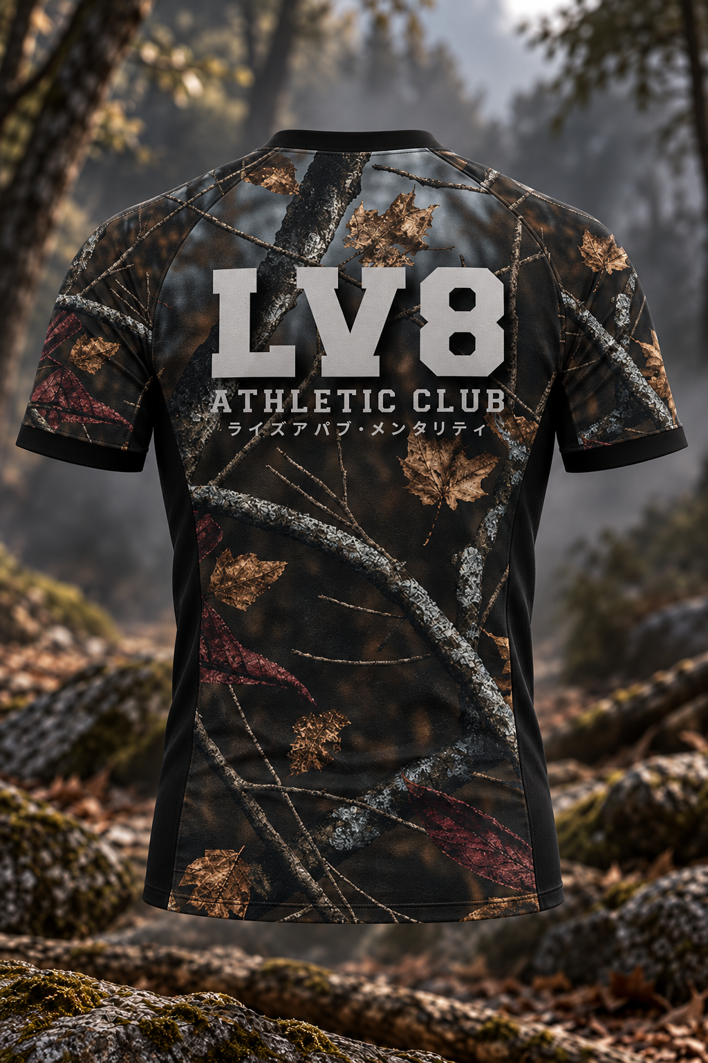 Back view of the men's Woods rashguard showing large LV8 Athletic Club lettering over woodland branch and leaf camouflage