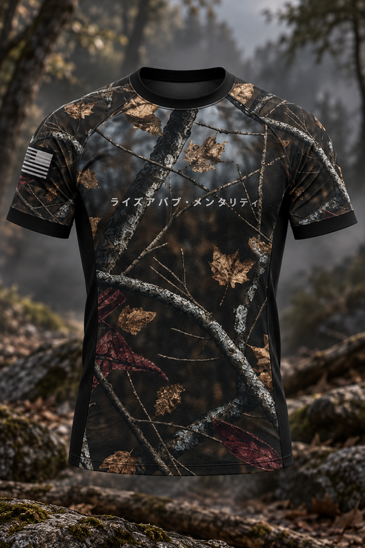 Front view of the men's Woods rashguard with woodland branch and leaf camouflage, black trim, and Japanese chest lettering