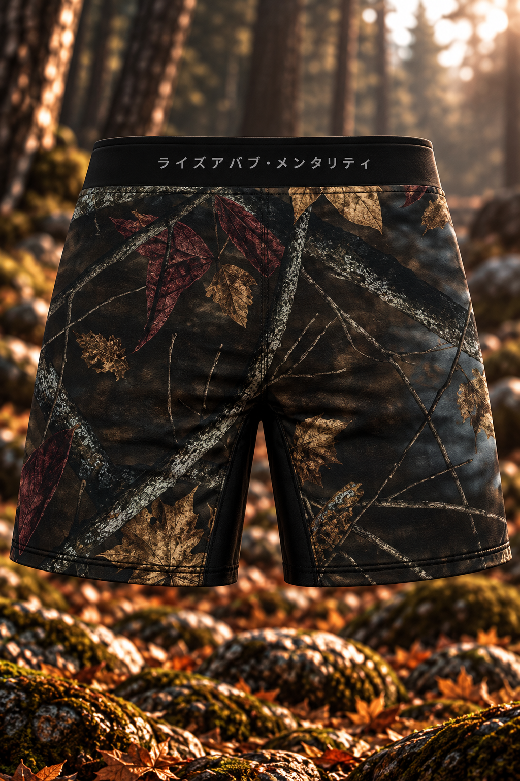 Back view of men's LV8 Woods shorts showing woodland camouflage and Japanese lettering across the black waistband.