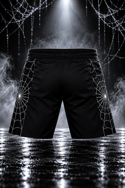 Back of the men's black Spider Web Shorts with white spider web side panels