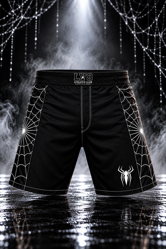 Front of the men's black Spider Web Shorts with LV8 Athletic Club waistband branding, white spider web side panels and a white spider on the leg