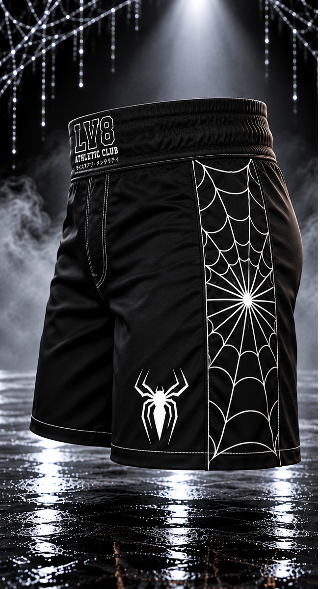 Front side view of the men's Spider Web Shorts with white web side panel, LV8 Athletic Club waistband branding and white spider leg graphic