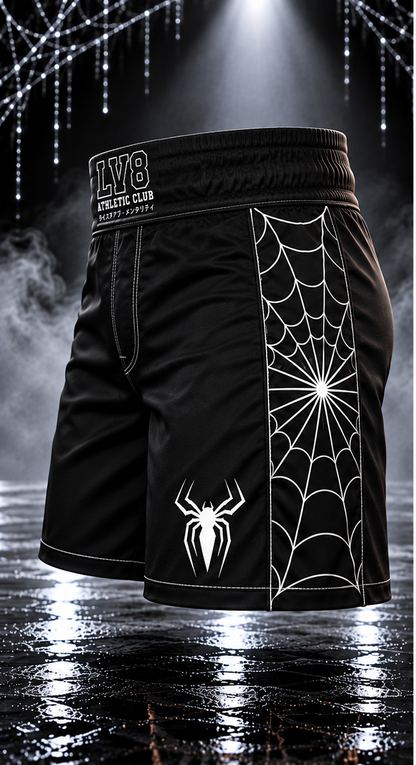 Front side view of the men's Spider Web Shorts with white web side panel, LV8 Athletic Club waistband branding and white spider leg graphic
