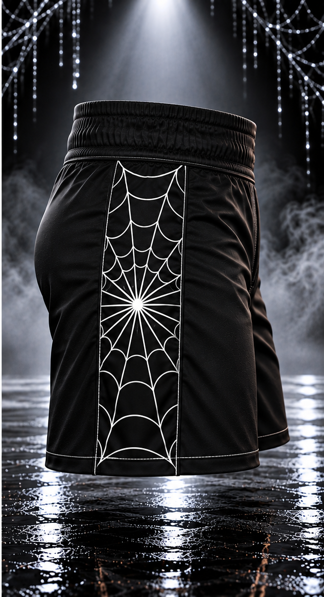 Opposite side view of the men's black Spider Web Shorts showing the white spider web panel