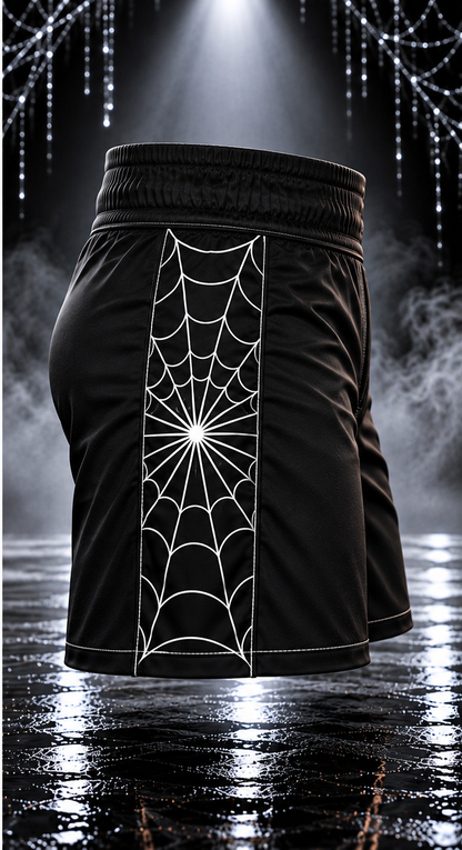 Opposite side view of the men's black Spider Web Shorts showing the white spider web panel