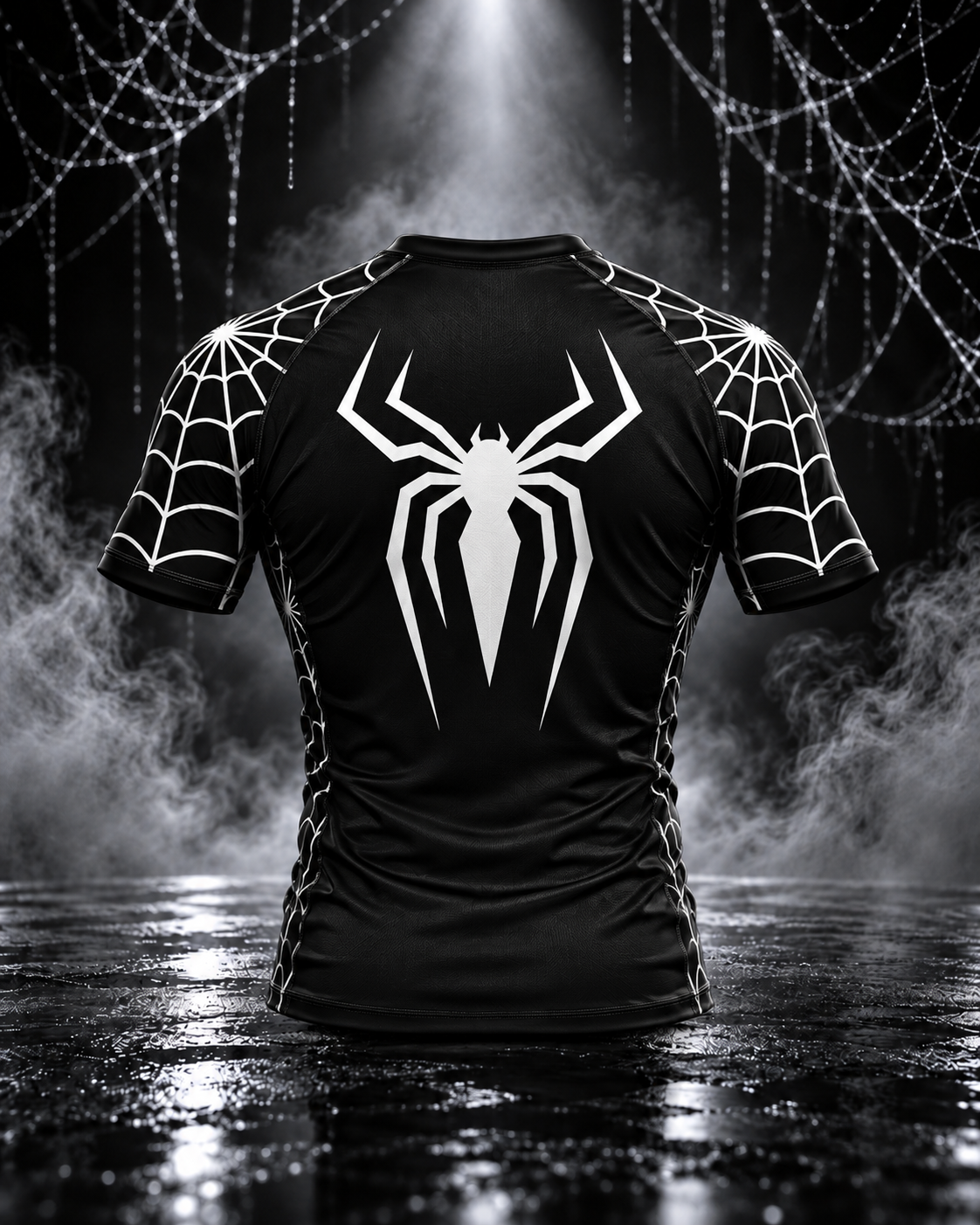 Back view of the men's Spider Web set rashguard with a large white spider and white web sleeves