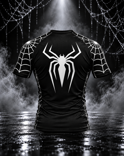 Back view of the men's Spider Web set rashguard with a large white spider and white web sleeves