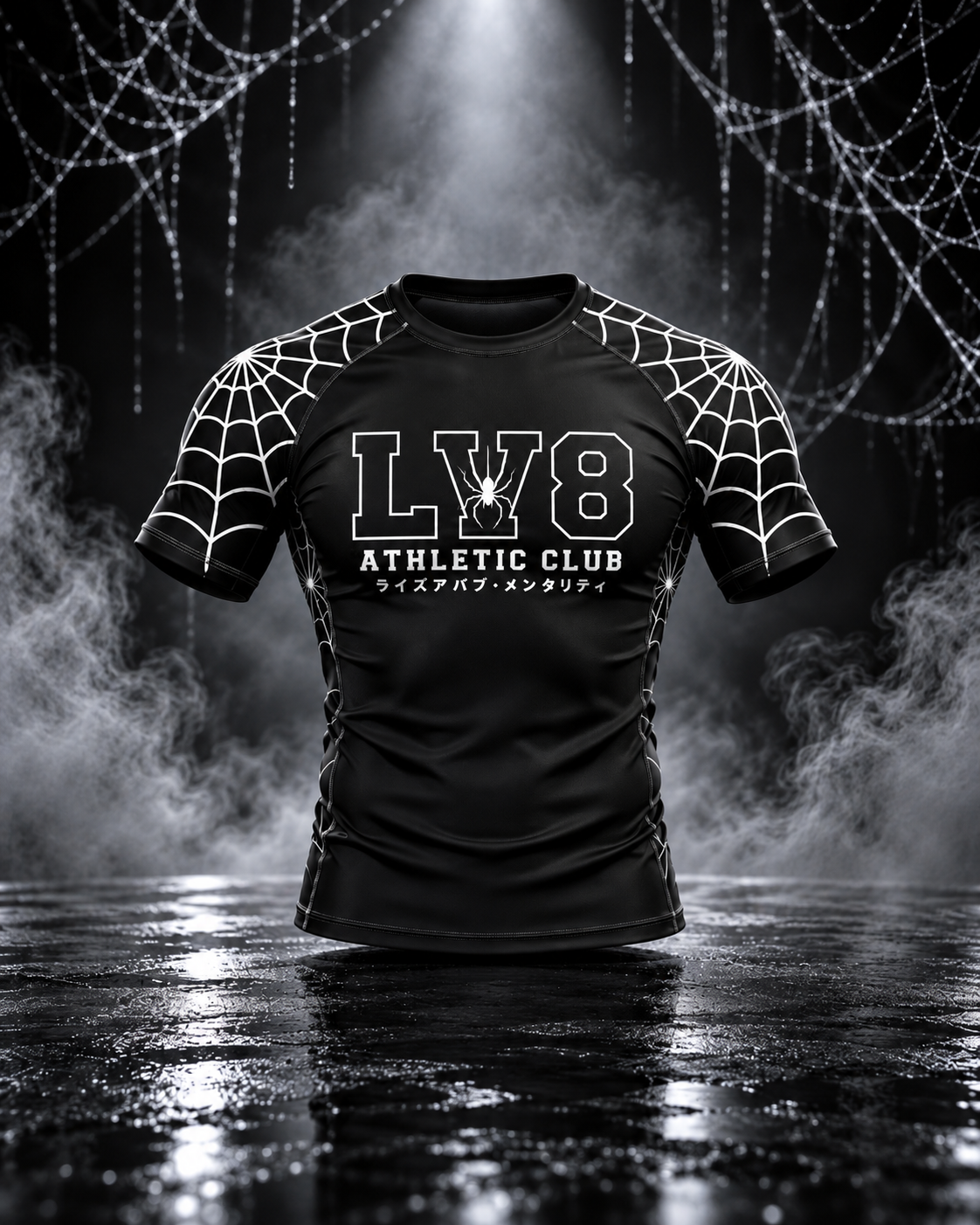 Front view of the men's Spider Web set rashguard with white web sleeves and LV8 Athletic Club chest graphic
