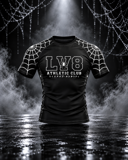 Front view of the men's Spider Web set rashguard with white web sleeves and LV8 Athletic Club chest graphic