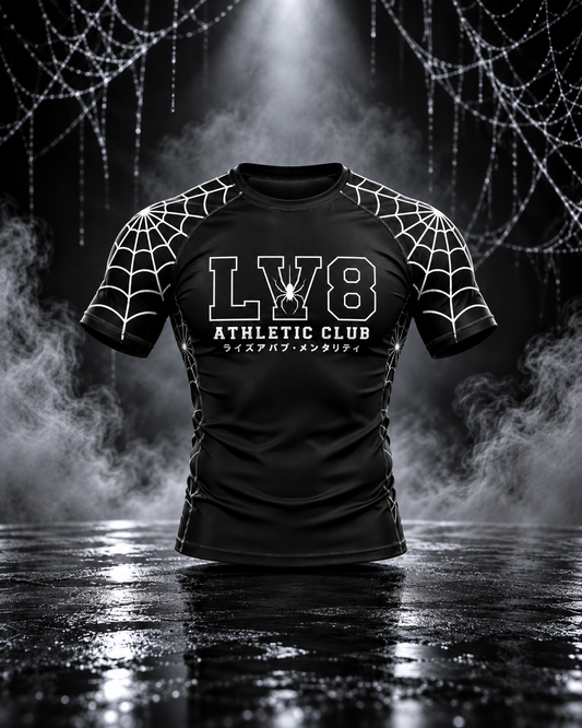 Front view of the men's Spider Web set rashguard with white web sleeves and LV8 Athletic Club chest graphic