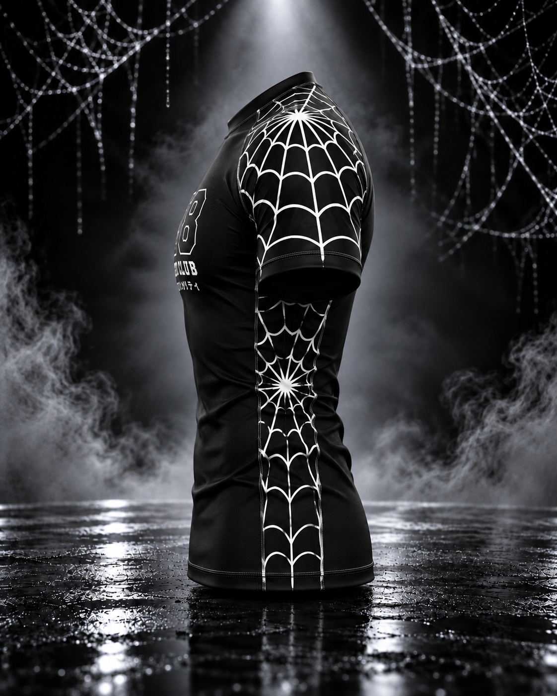 Opposite side view of the men's Spider Web set rashguard showing white web graphics along the sleeve and side panel