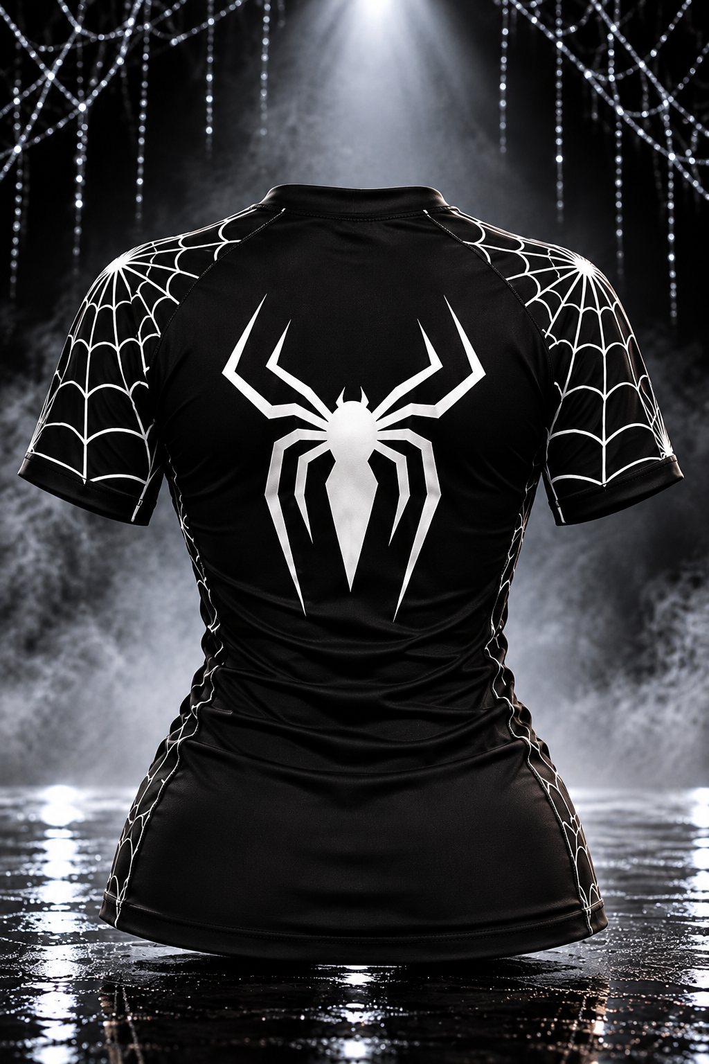 Back of the women's black Spider Web Rashguard with a large white spider graphic and web sleeves