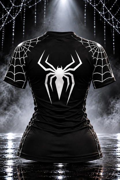 Back of the women's black Spider Web Rashguard with a large white spider graphic and web sleeves