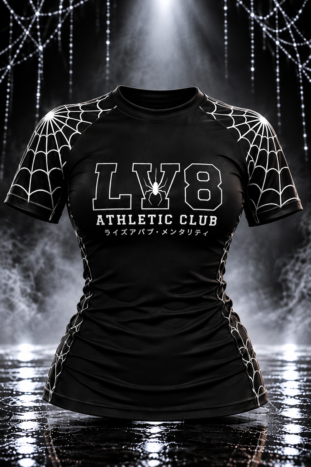 Front of the women's black Spider Web Rashguard with white web sleeves and LV8 Athletic Club chest branding