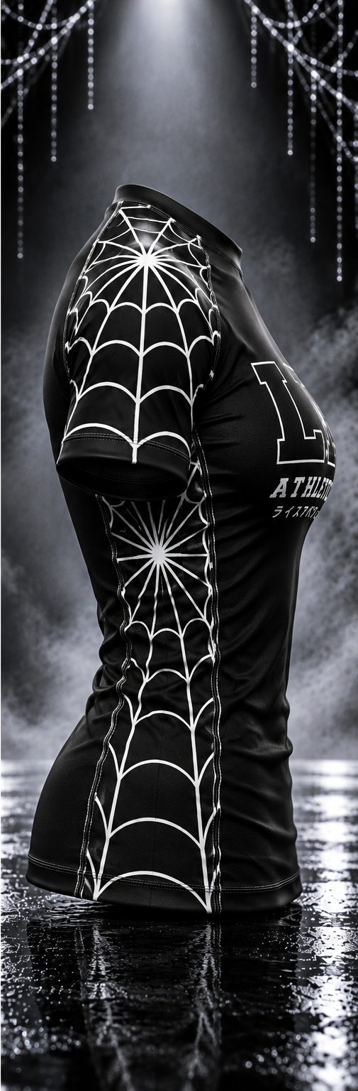 Side view of the women's black Spider Web Rashguard showing white spider web graphics on the sleeve and side panel