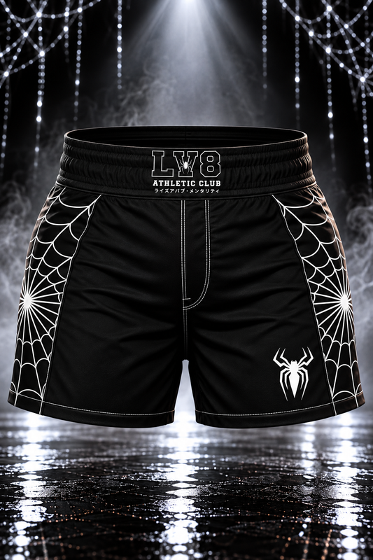 Updated front of the women's black Spider Web Shorts with LV8 spider waistband branding, white web side panels and a white spider on the leg