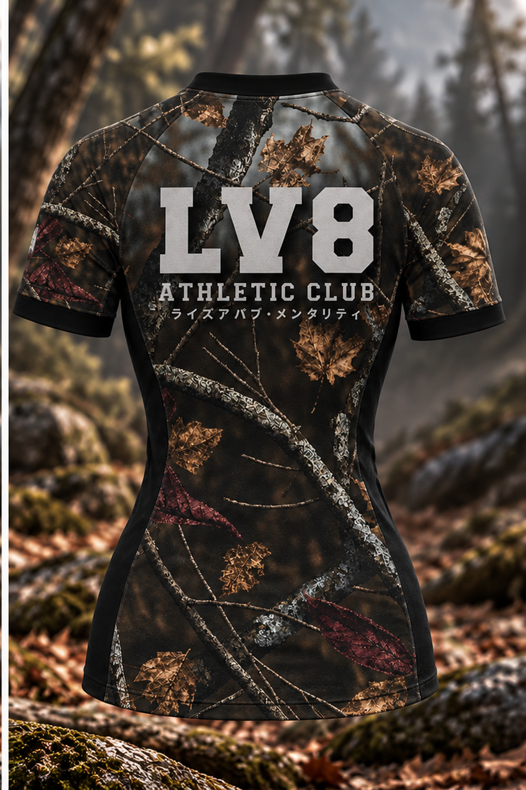 Back view of the women's Woods rashguard with large LV8 Athletic Club lettering over woodland camouflage